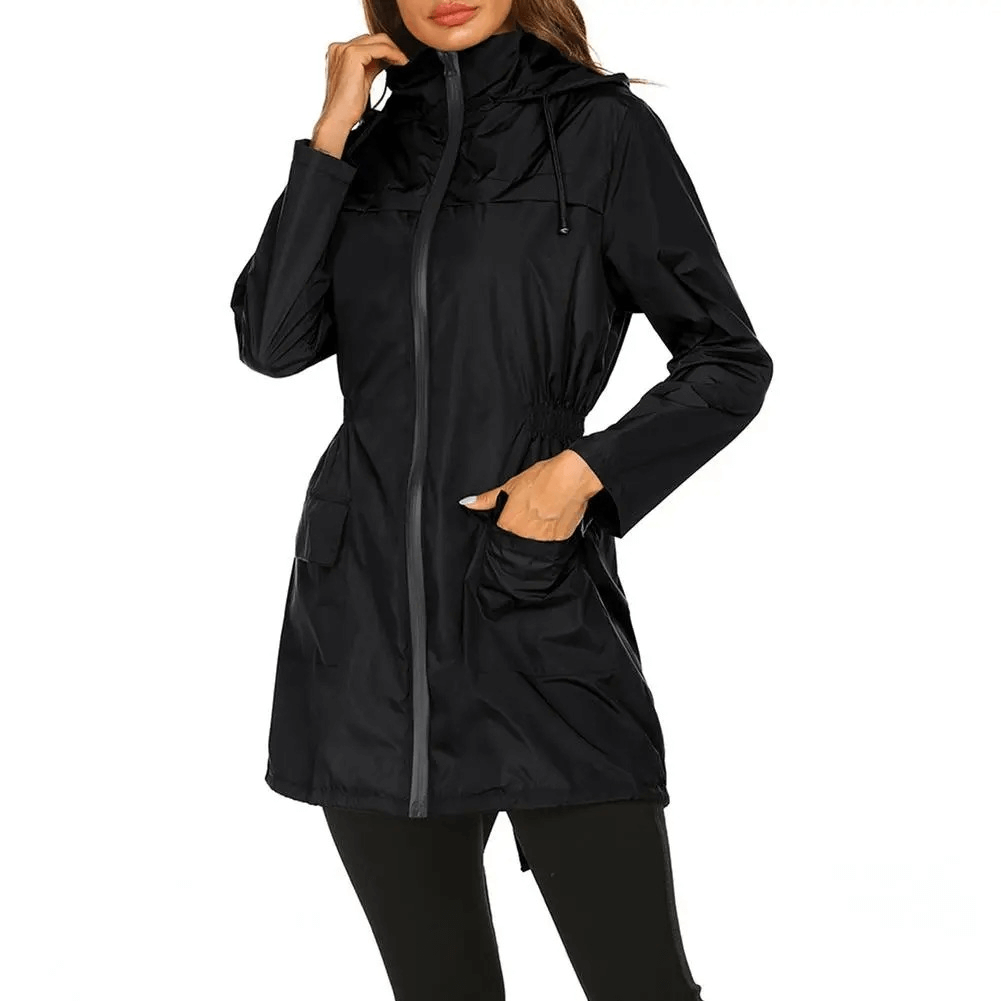 Women's Lightweight Hooded Long Raincoat Jacket SF1926, water-repellant black with zippered closure and pockets, front view.